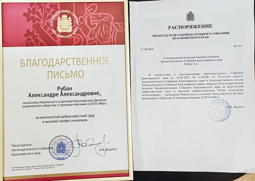 Начальник Норильского отделения Красноярского филиала награждена Благодарственным письмом Заксобрания Красноярского края, новости, пресс-релизы, статьи, «СОГАЗ-Мед», омс